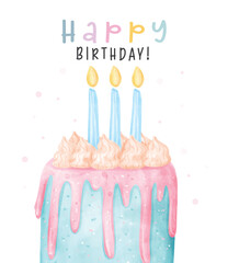 Cute colorful pastel cheerful birthday cake with light blue candles on top, Happy birthday watercolor hand painting illustration for greeting card idea.