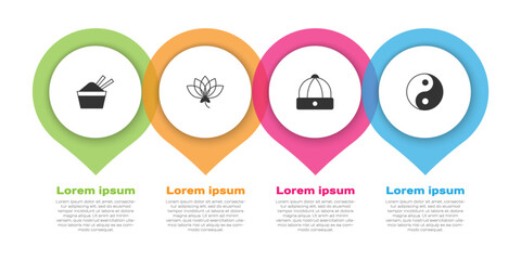 Set ice in a bowl with chopstick, Lotus flower, Chinese hat and Yin Yang symbol. Business infographic template. Vector