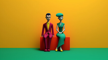 Illustration 3D of a couple sitting in a bench.Concept of relationship.  Image Generative AI.