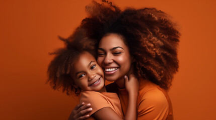 Afroamerican young mother and child smiling happily on flat color background. Photo studio. Image Generative AI.