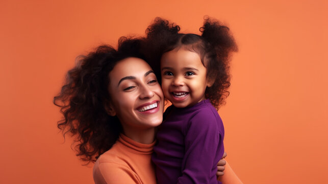 Latinamerican young mother and child smiling happily on flat color background. Photo studio. Image Generative AI.