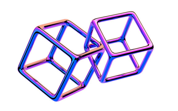 Connected iridescent cubes, 3d render