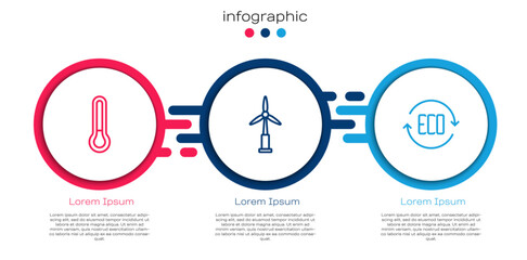 Set line Thermometer, Wind turbine and Leaf Eco symbol. Business infographic template. Vector
