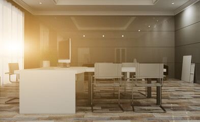 Furniture set with table, chairs and devices. 3D rendering.. Sunset.