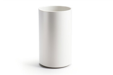 Cleanlined, Cylindrical Metal Vase With Matte White Finish On White Background. Generative AI