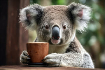 Koala With Drowsy Expression Holding Latte. Generative AI