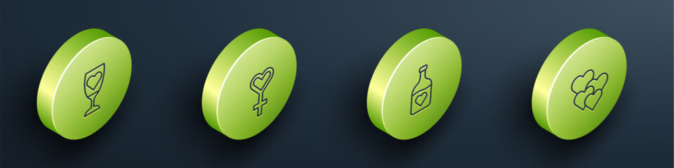 Set Isometric line Glass of champagne, Female gender symbol, Bottle with love potion and Heart icon. Vector