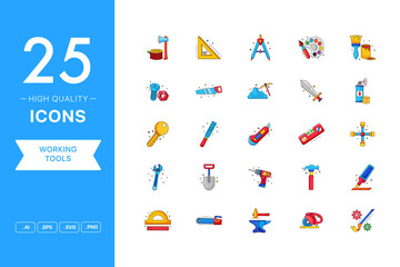 Vector set of Working Tools icons. The collection comprises 25 vector icons for mobile applications and websites.