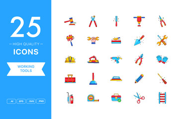 Vector set of Working Tools icons. The collection comprises 25 vector icons for mobile applications and websites.