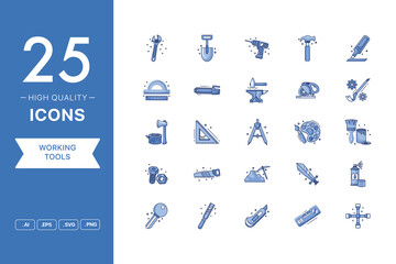 Fototapeta premium Vector set of Working Tools icons. The collection comprises 25 vector icons for mobile applications and websites.