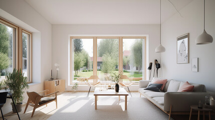 Fototapeta premium A living room of a beautiful bright modern Scandinavian style house with large windows opening, generative AI