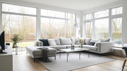 Fototapeta na wymiar A living room of a beautiful bright modern Scandinavian style house with large windows opening, generative AI