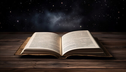 Old open books on wooden table on galaxy background