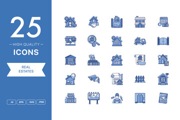 Vector set of Real Estates icons. The collection comprises 25 vector icons for mobile applications and websites.