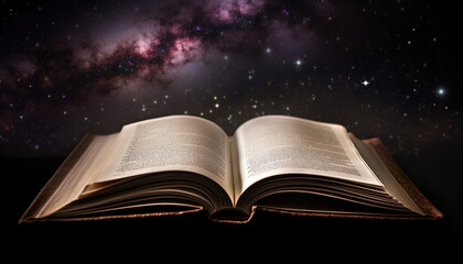 Old open books on wooden table on galaxy background