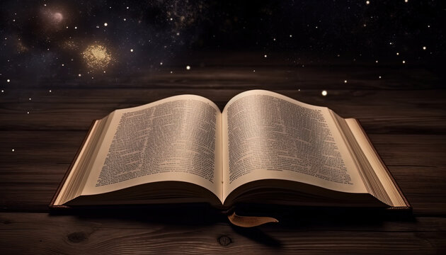 Old open books on wooden table on galaxy background