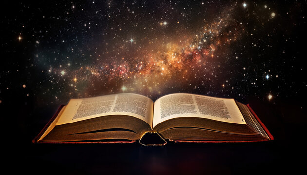 Old open books on wooden table on galaxy background