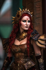 Young red-haired queen in medieval fantasy leather armor. Medieval cosplay created with generative AI