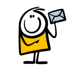 Funny cartoon stickman holds envelope witj letter email in rising up hand. - 593926537