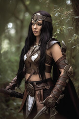 Obraz premium Young black-haired female warrior assassin in medieval fantasy leather armor. Medieval cosplay created with generative AI