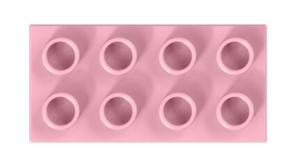 Candy Pink Block Isolated on a White Background. Close Up View of a Plastic Children Game Brick for Constructors, Top View. High Quality 3D Rendering with a Work Path. 8K Ultra HD, 7680x4320