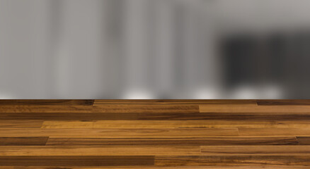 Modern office building interior. 3D rendering., Background with empty wooden table. Flooring.