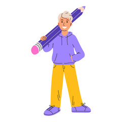 Cute smiling student holds a large pencil on his shoulder. Concept for education, creation, design, blog. Isolated flat cartoon character on white background