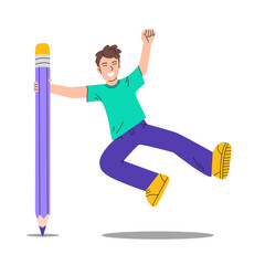 Cute smiling student holds a big pencil and jumping. Concept for education, creation, design, blog. Isolated flat cartoon character on white background