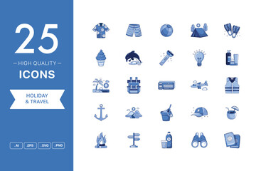 Vector set of Holiday and Travel icons. The collection comprises 25 vector icons for mobile applications and websites.