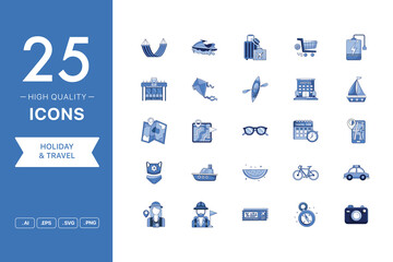 Vector set of Holiday and Travel icons. The collection comprises 25 vector icons for mobile applications and websites.