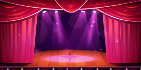 Theater concert stage with curtain cartoon scene background. Opera show spotlight in empty school hall for comedy performance. Open platform for opera play with magic bokeh sparkles light in center © klyaksun