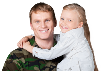 Military soldier man with little girl on white background