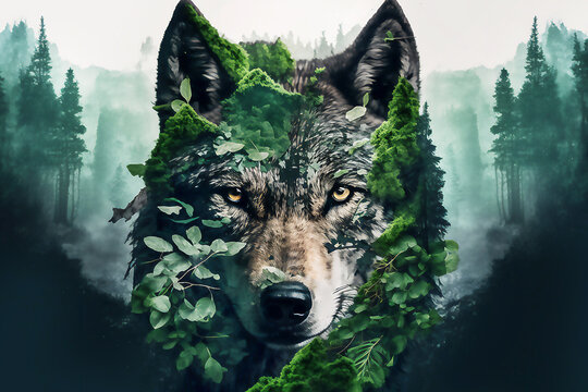 Wolf and forest. The concept of protecting wildlife and green planet. Generated AI