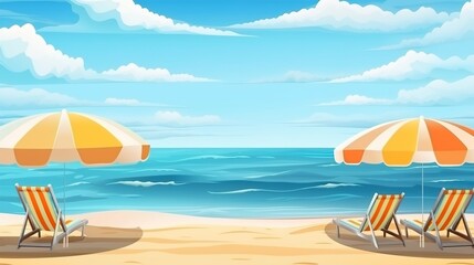 illustration of a beach with sand and sea view. umbrella and sunbeds on the resort beach. generative ai