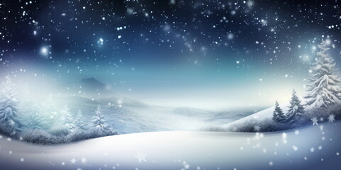 Obraz na płótnie Canvas Weihnachten Hintergrund Winterlandschaft mit schneebedeckten Bäumen und Schneeflocken mit Platz für Text - mit KI erstellt 