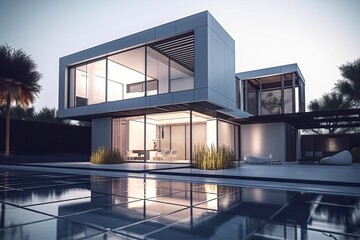 Fototapeta na wymiar Modern white luxury home with pool and garden, generative ai