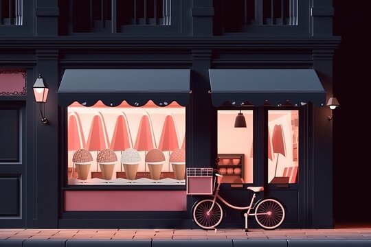 Charming Ice-cream parlor  in a picturesque street with a delivery window, generative ai