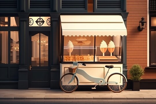 Charming Ice-cream parlor  in a picturesque street with a delivery window, generative ai