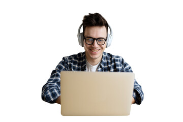 Freelance programmer gamer playing on a laptop, smiling satisfied man, transparent background.