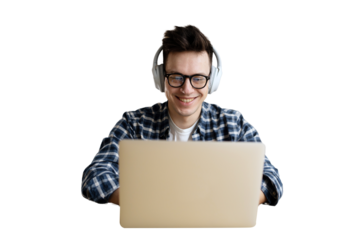 Freelance programmer gamer playing on a laptop, smiling satisfied man, transparent background.