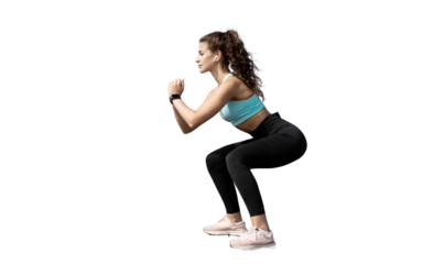 Athletic young confident woman performs squats exercise in fitness clothes, healthy lifestyle, transparent background.