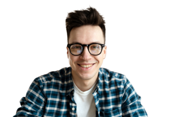 A young intern guy with glasses student portrait looks at the camera smiling, transparent background.