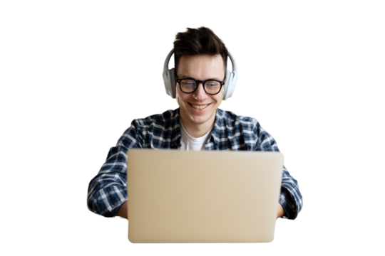 Freelance programmer gamer playing on a laptop, smiling satisfied man, transparent background.
