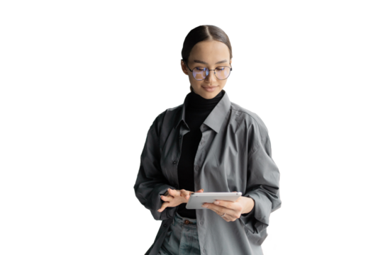 A young female student in a gray shirt uses a tablet to communicate with friends, transparent background.