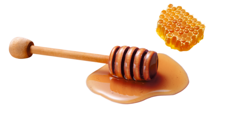 pegador de mel em poça de mel acompanhado de favo de mel em fundo transparente