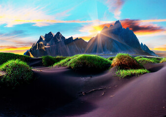 Vestrahorn Scenic landscape with most beautiful mountains Vestrahorn on the Stokksnes peninsula and cozy lagoon with green grass on the sand dunes at sunset in Iceland. 