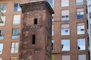 Fototapeta na wymiar Historic tower in via Giannone at Milan, Italy