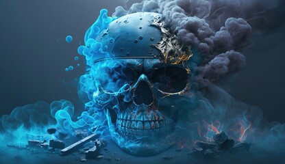 Human skull with dramatic lightning bolt isolated on blue background