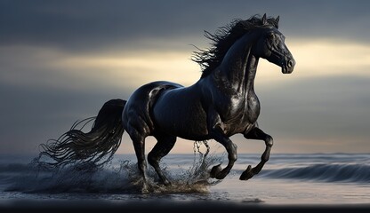 black horse running on water