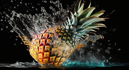 Bubbles that form in blue water after a pineapple is thrown into it.